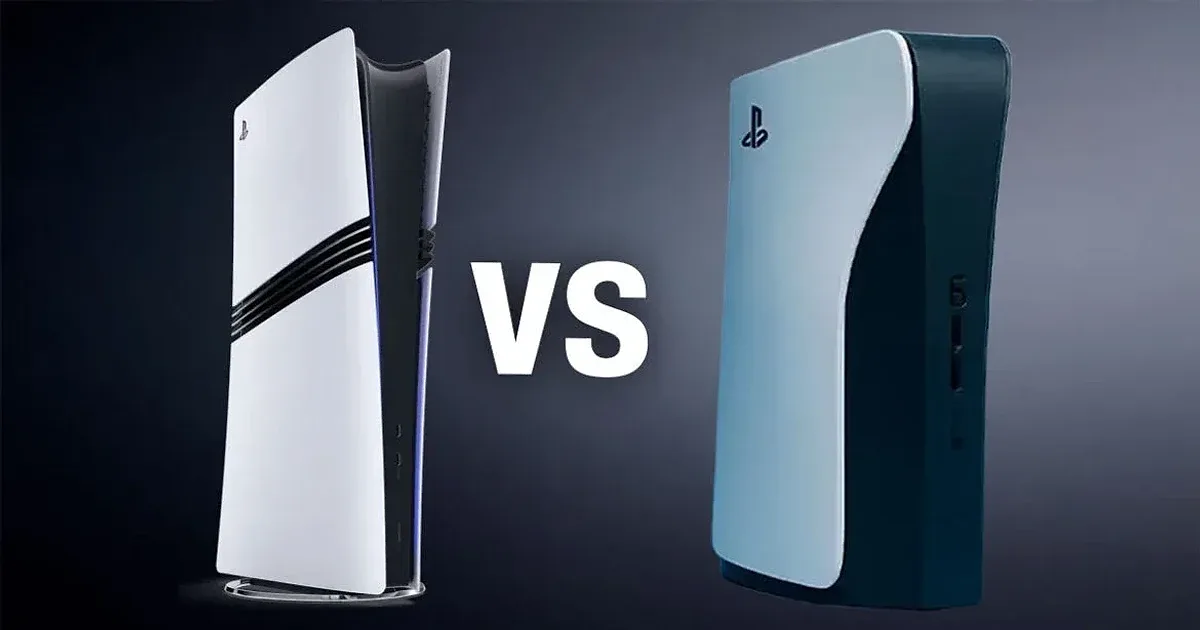 Comparación entre la PS5 Pro y la PS6 con diseño frente a frente.