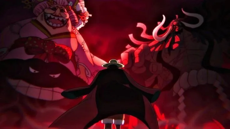 Escena épica de anime: protagonista con sombrero enfrenta dos villanos gigantes en atmósfera roja oscura