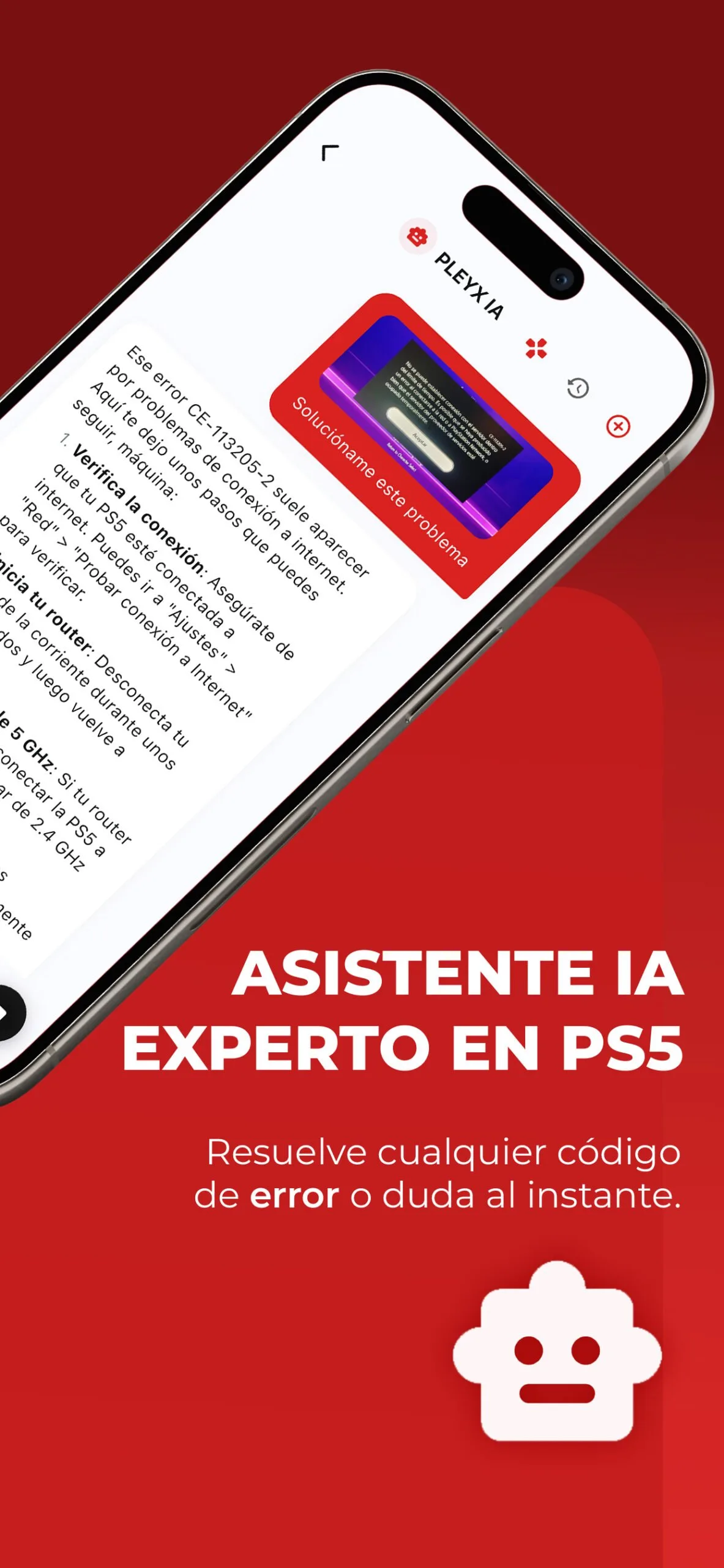 Captura de app Pleyx IA en iPhone: asistente experto en PS5 que resuelve errores como el CE-113205-2 al instante.
