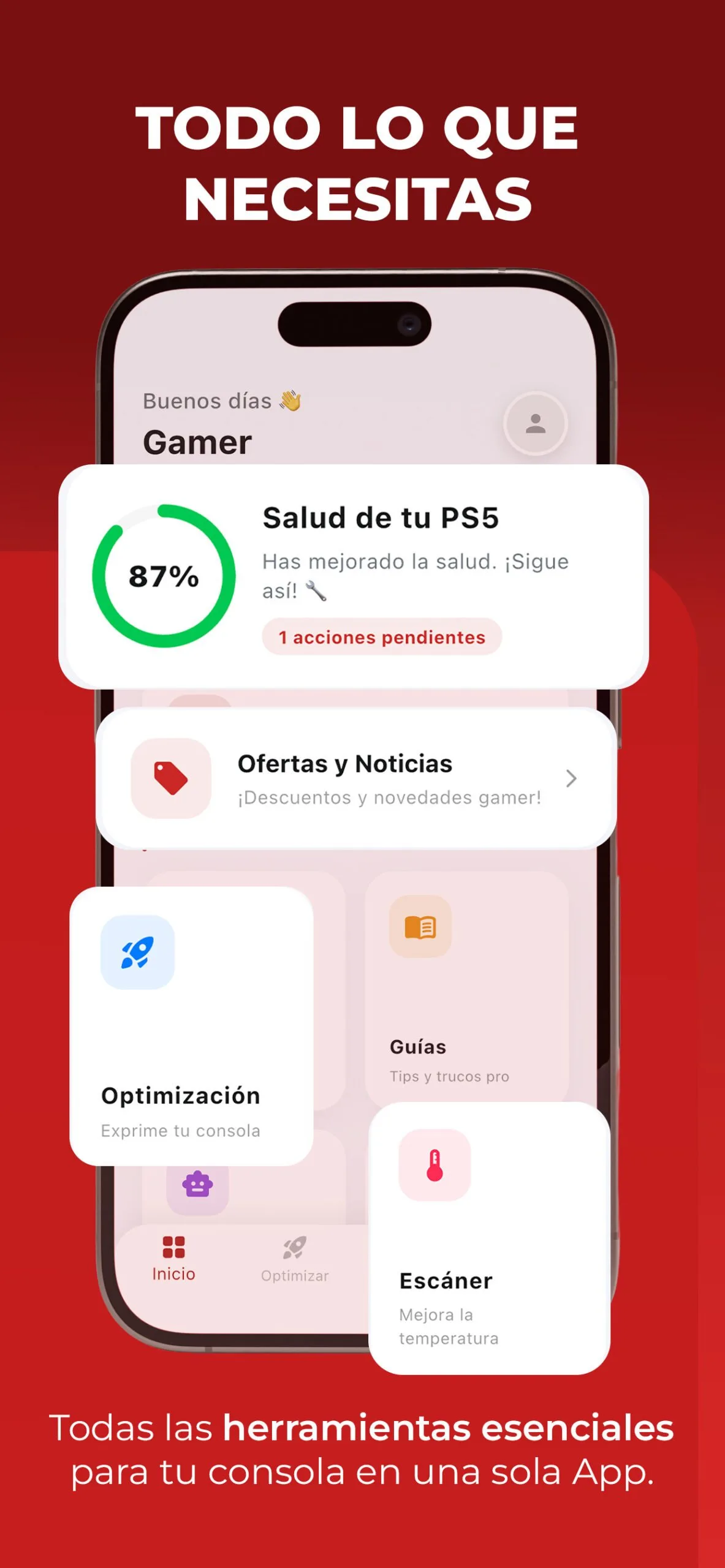 Pantalla de app móvil Pleyx con salud PS5 al 87%, optimización, escáner de temperatura y ofertas gamer.