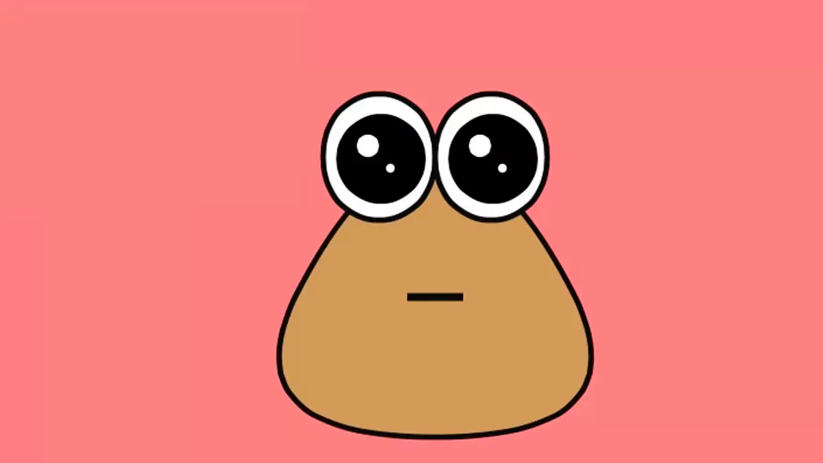 Personaje Pou del videojuego móvil, criatura marrón con ojos grandes sobre fondo rosa salmón