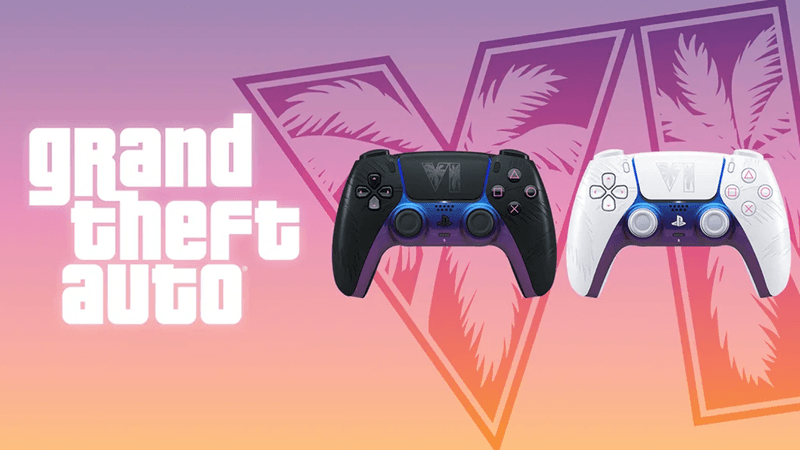 Los dos mandos DualSense GTA VI de edición limitada para PS5, en negro y blanco, sobre el arte de Vice City