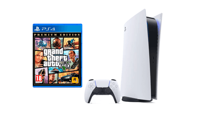 Juego de PS4 de Grand Theft Auto V junto a una PS5 con su mando DualSense, para jugar juegos de PS4 en PS5