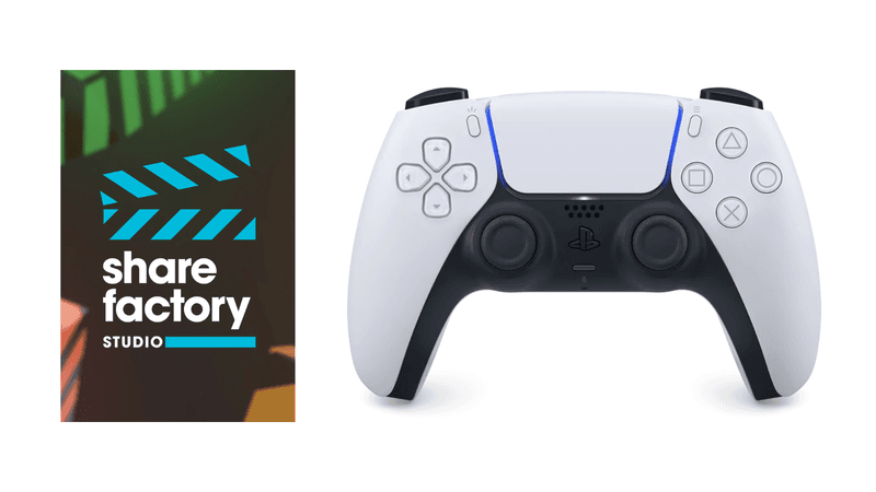 Logo de Share Factory Studio junto a un mando DualSense blanco, la herramienta para grabar clips en PS5 y editarlos
