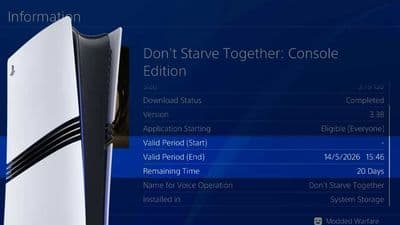 Pantalla PS5 con información de Don't Starve Together: versión 3.38, caduca 14/5/2026, 20 días restantes.