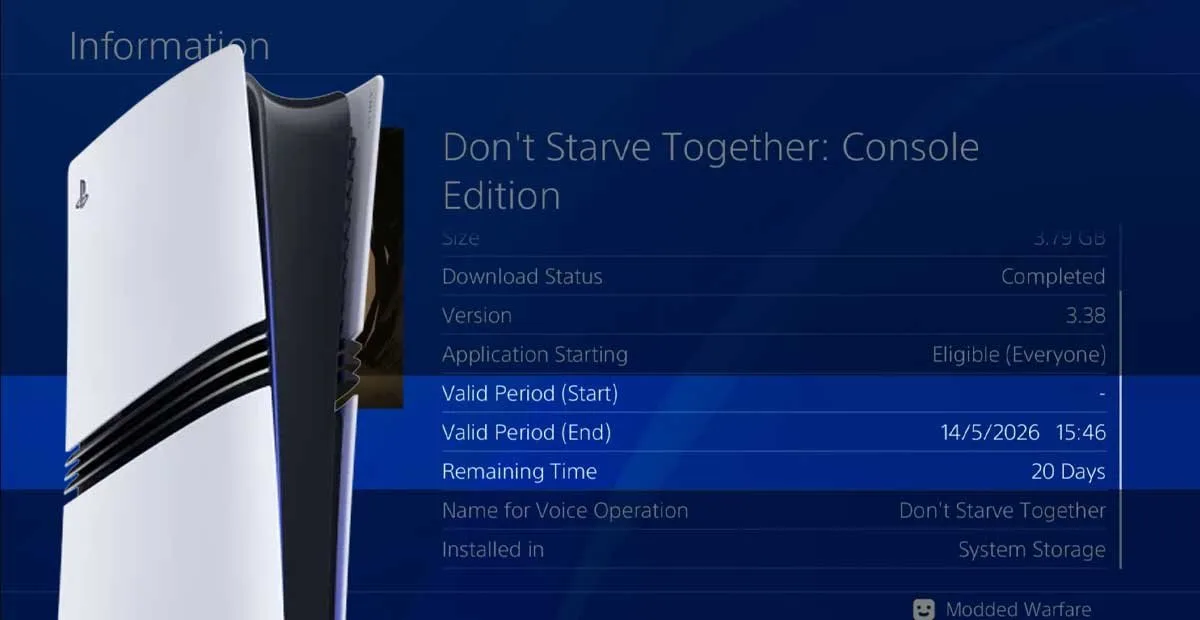 Pantalla PS5 con información de Don't Starve Together: versión 3.38, caduca 14/5/2026, 20 días restantes.