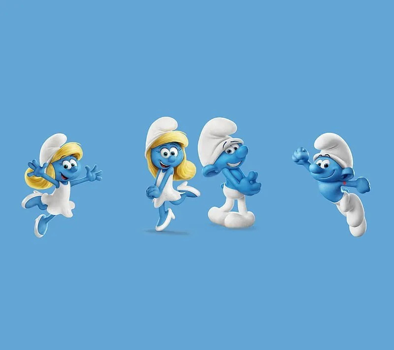 Cuatro Pitufos azules bailando y saltando sobre fondo azul, personajes animados de la película Smurfs