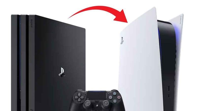 Black PS4 Pro and white PS4 Slim with a red transfer arrow between them, controller in front, illustrating game/data transfer.
