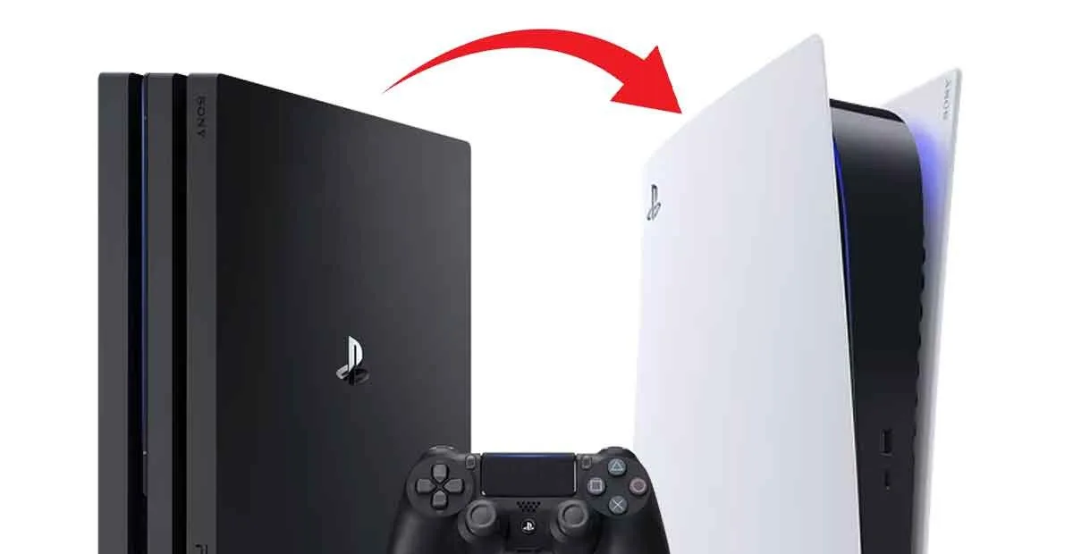 Black PS4 Pro and white PS4 Slim with a red transfer arrow between them, controller in front, illustrating game/data transfer.