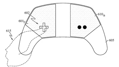 Technical diagram of a curved game controller: two textured top panels with a central cross-shaped button on the left and two circular dots on the right, plus a dashed hand outline approaching the left grip.