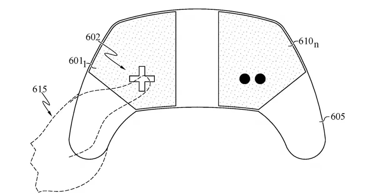 Technical diagram of a curved game controller: two textured top panels with a central cross-shaped button on the left and two circular dots on the right, plus a dashed hand outline approaching the left grip.