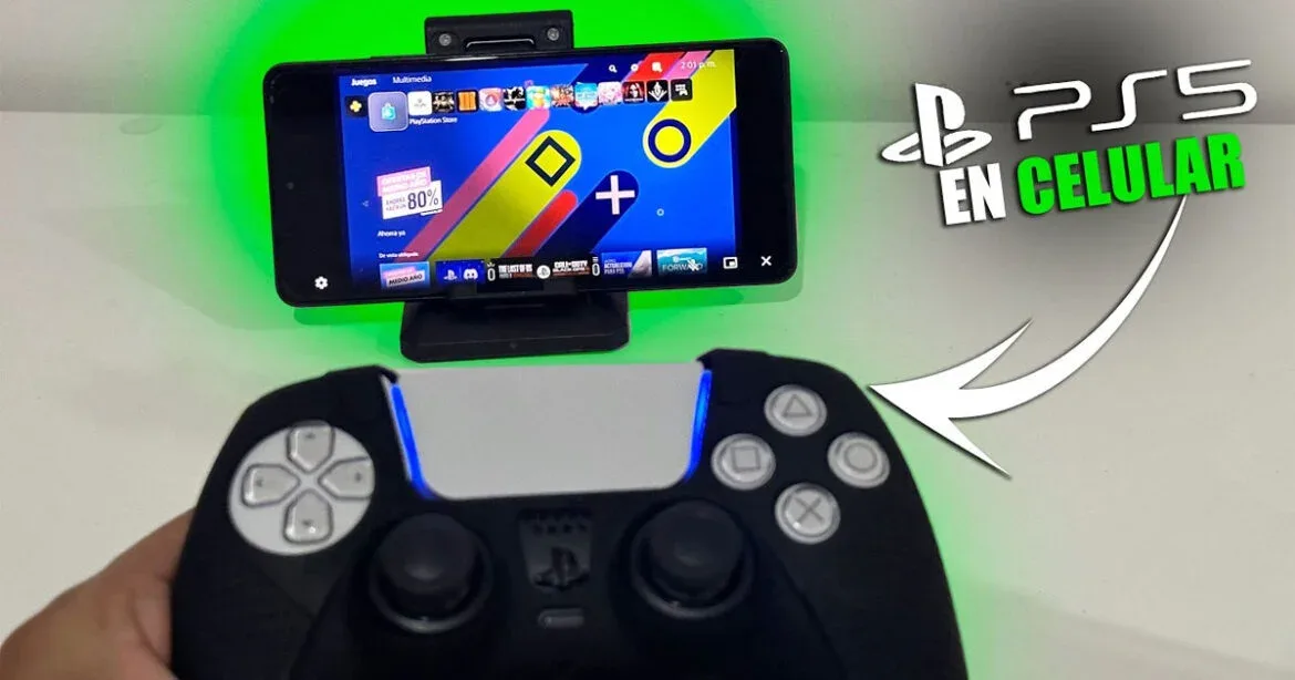 Control DualSense PS5 negro con móvil montado mostrando PS Remote Play y texto "PS5 en Celular