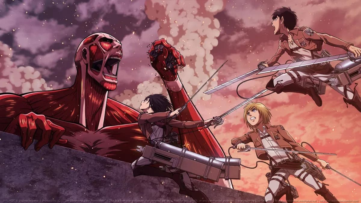 Mikasa, Armin y Eren combaten al Titán Colosal en Attack on Titan, fanart oficial de SNK/AOT