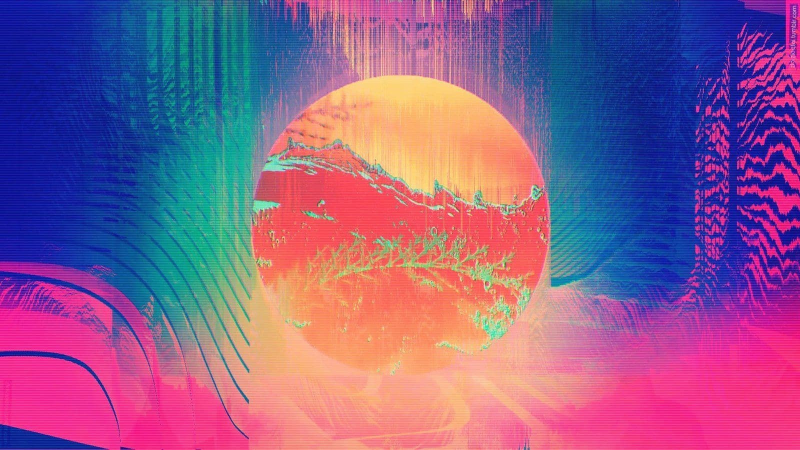 Arte psicodélico vaporwave con esfera planetaria naranja y efecto glitch, palmeras y colores neón vibrantes.