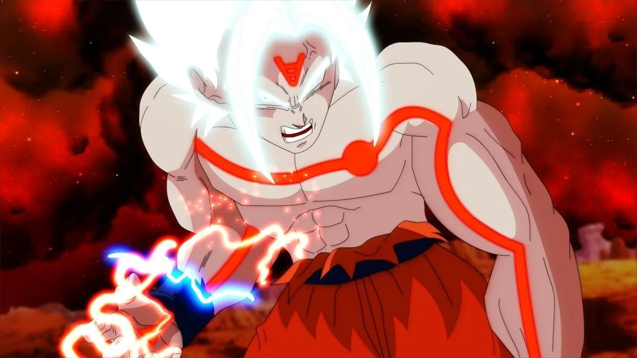 Goku en Ultra Instinto Dominado con energía roja y azul en las manos, fondo apocalíptico en llamas