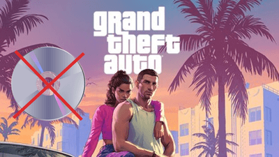 Grand Theft Auto promotional art with two protagonists before a sunset cityscape and palm trees; a red crossed-out CD icon overlays the image.