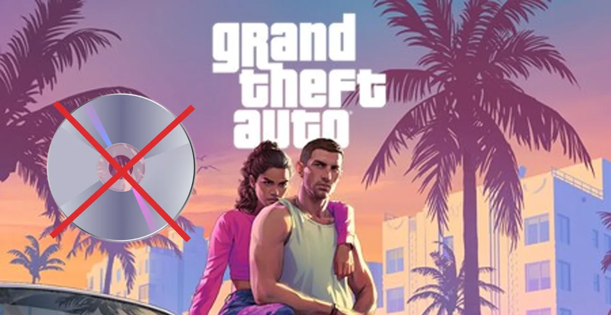 Grand Theft Auto promotional art with two protagonists before a sunset cityscape and palm trees; a red crossed-out CD icon overlays the image.