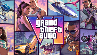 Promotional collage artwork for Grand Theft Auto V with action panels and the central GTA V logo.