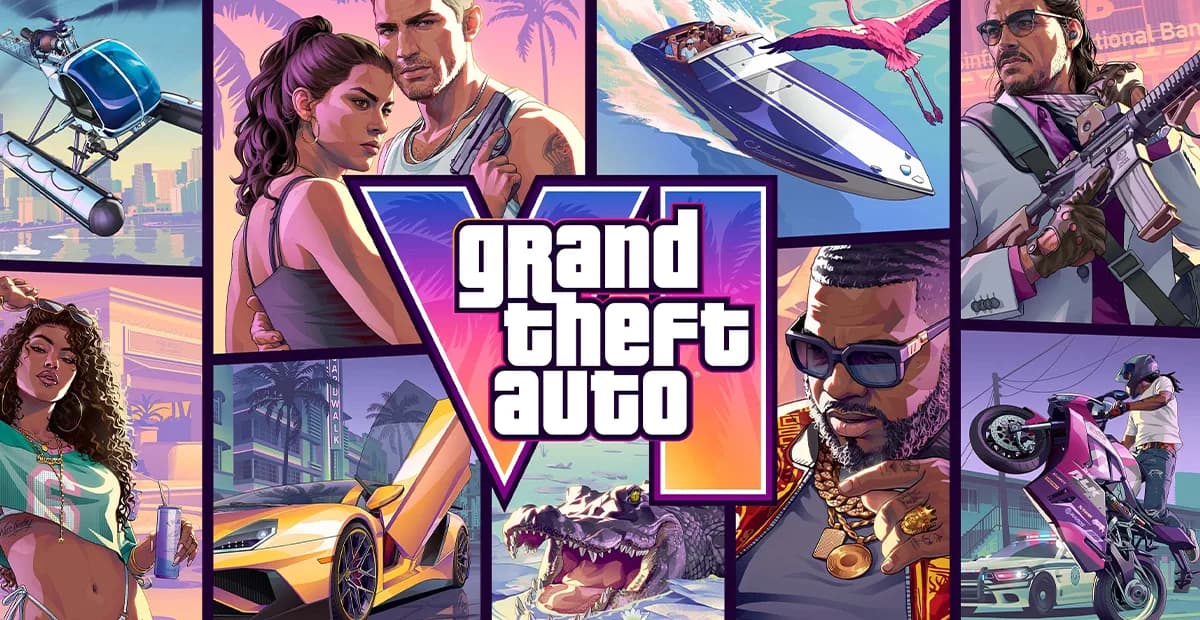 Promotional collage artwork for Grand Theft Auto V with action panels and the central GTA V logo.