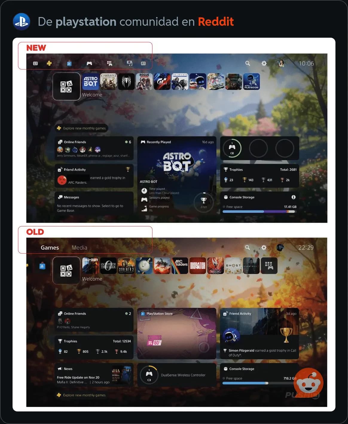 Comparativa interfaz PS5: nuevo menú con iconos superiores vs antiguo con pestañas "Games/Media