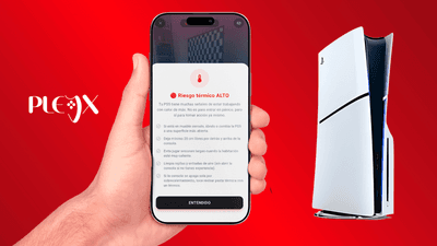 Alerta de riesgo térmico alto en app Pleyx para PS5 Slim, con recomendaciones para evitar sobrecalentamiento.