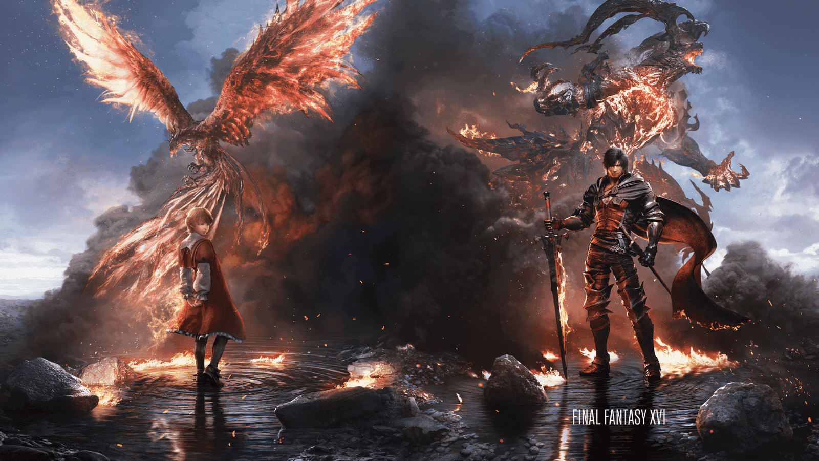 Arte oficial de Final Fantasy XVI: Clive con espada y Joshua frente a los Eikons Phoenix e Ifrit en llamas.