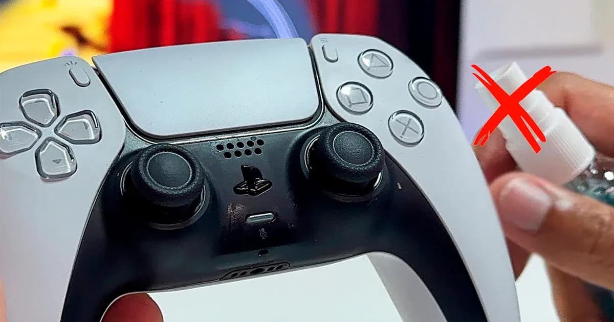 Mando DualSense de PS5 con X roja sobre spray de limpieza: cómo NO limpiar el control correctamente