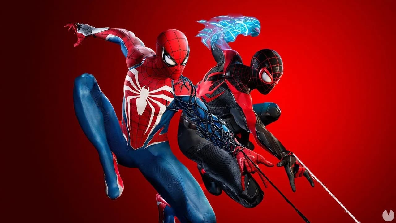 Peter Parker con simbionte, Miles Morales y Spider-Man clásico en arte promocional de Marvel's Spider-Man 2 para PS5.