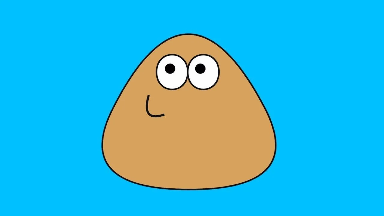 Pou, mascota del videojuego móvil Pou, personaje marrón con ojos grandes sobre fondo azul