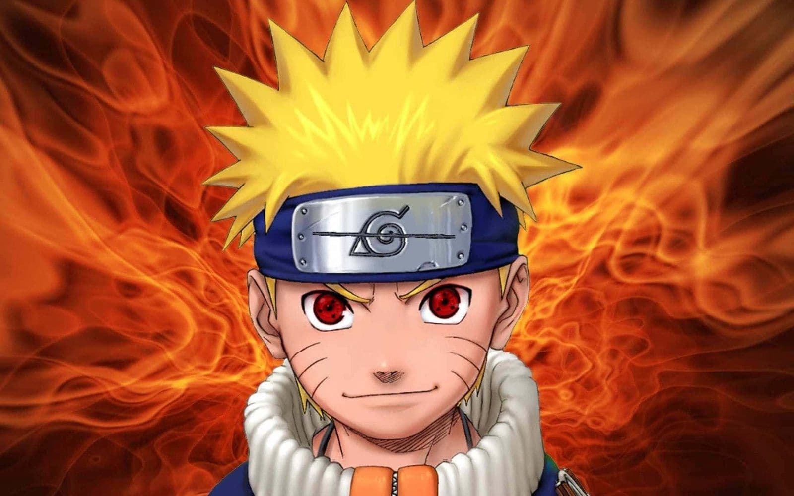 Naruto Uzumaki con ojos sharingan rojos y llamas de fondo, personaje del videojuego Naruto de PlayStation