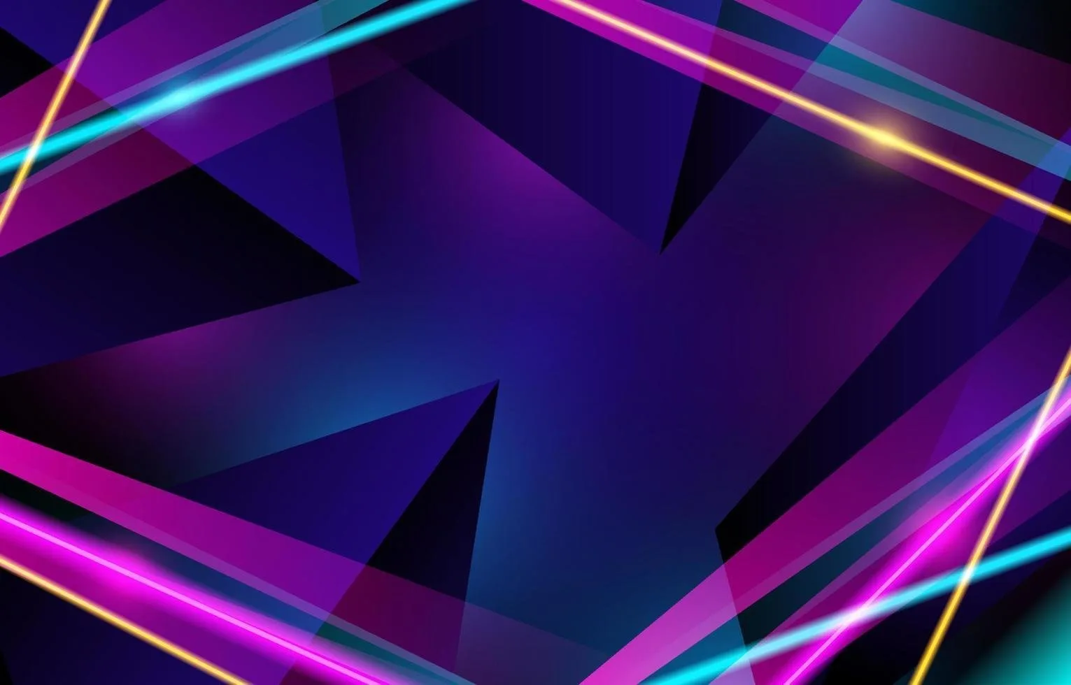 Fondo abstracto con luces de neón en rosa, azul y dorado sobre formas geométricas violetas estilo gaming