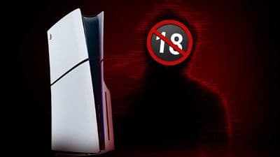 White PlayStation 5 standing upright against a dark red, black background with a red 18+ ban symbol indicating age restriction.