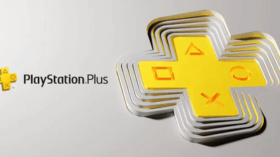 Logo 3D dorado de PlayStation Plus con símbolos del mando: triángulo, cuadrado, círculo y cruz.