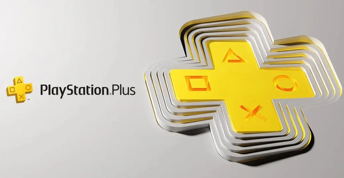 Logo 3D dorado de PlayStation Plus con símbolos del mando: triángulo, cuadrado, círculo y cruz.