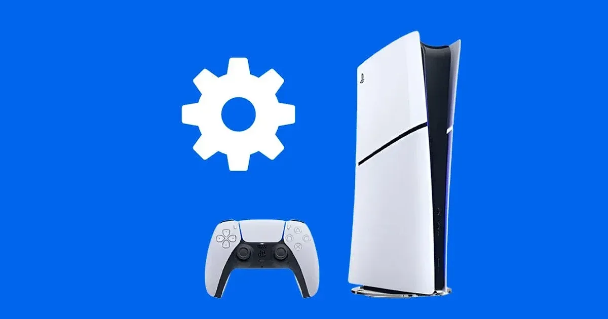 PS5 Slim con mando DualSense blanco y icono de configuración sobre fondo azul