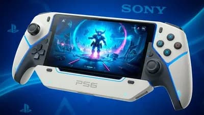 Imagen conceptual de la PS6 portátil de Sony con diseño futurista y pantalla integrada para juegos de última generación.