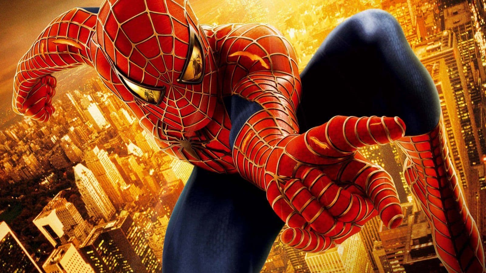 Spider-Man saltando entre rascacielos de Nueva York, póster oficial del videojuego Spider-Man 2 de PlayStation