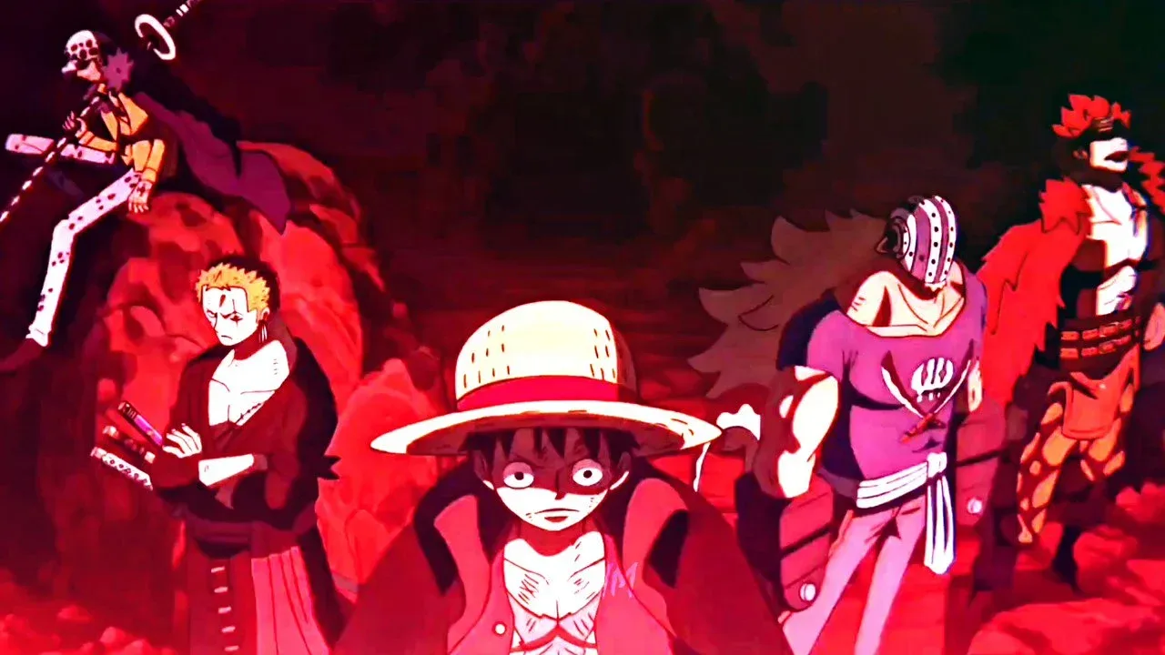 Personajes de One Piece, con Luffy al centro con sombrero de paja, en escena dramática con tonos rojos.