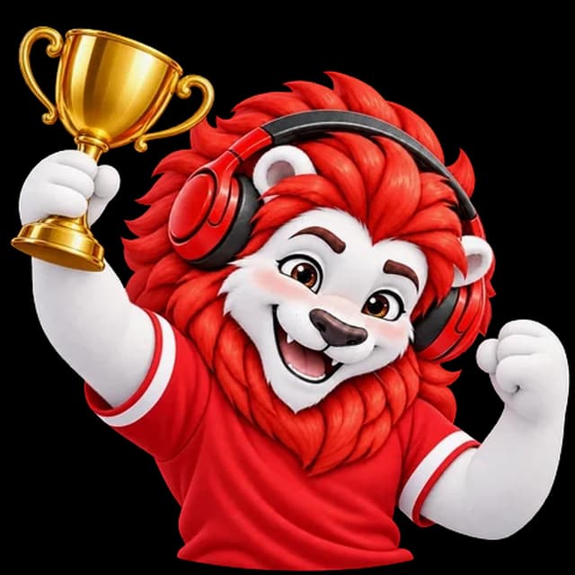 Pleion, el león de PLEYX, celebrando con un trofeo