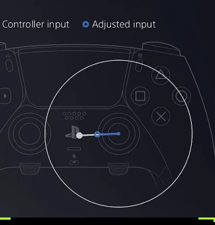 Close-up of a PlayStation controller left analog stick with a blue adjustment slider and the labels 'Controller input' and 'Adjusted input' displayed above.