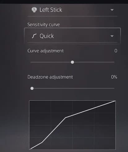 Configuración del stick izquierdo en PS5: curva de sensibilidad "Quick" y ajuste de zona muerta al 0%
