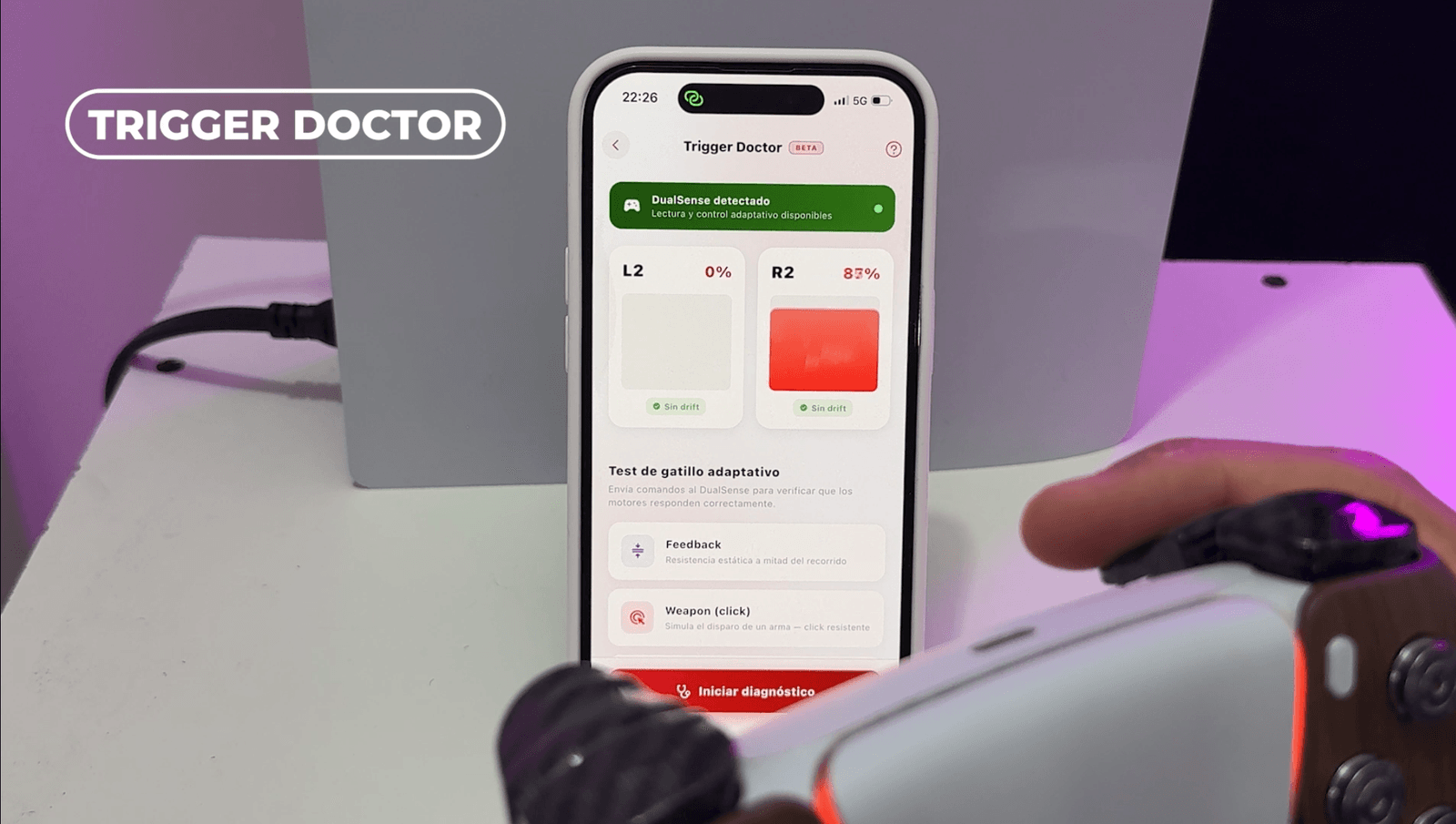 Brand logo 'TRIGGER DOCTOR' on purple background beside a smartphone displaying the Trigger Doctor app interface.