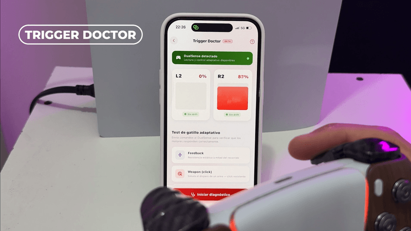 Brand logo 'TRIGGER DOCTOR' on purple background beside a smartphone displaying the Trigger Doctor app interface.