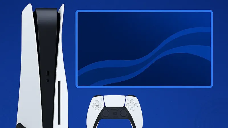 Consola PS5 con mando DualSense blanco y pantalla azul con ondas, mostrando el fondo predeterminado de PlayStation 5.