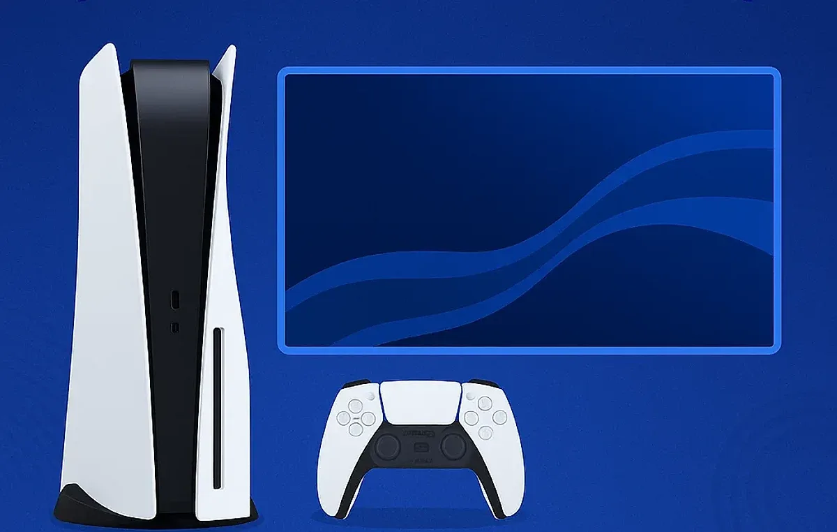Consola PS5 con mando DualSense blanco y pantalla azul con ondas, mostrando el fondo predeterminado de PlayStation 5.