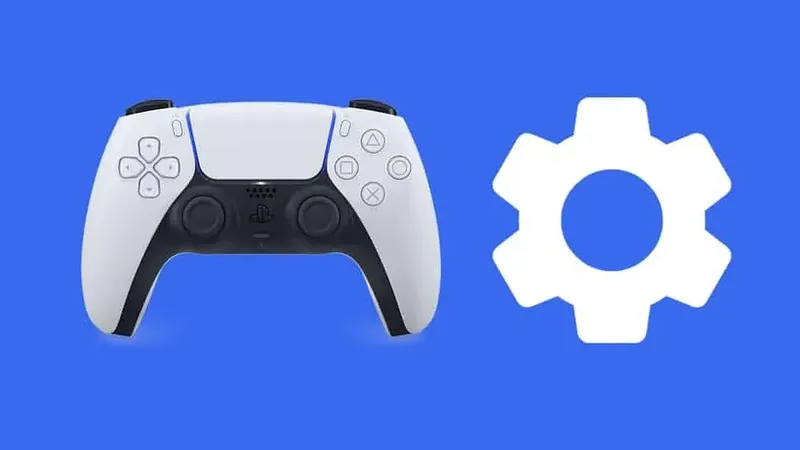 Mando DualSense de PS5 junto a icono de ajustes sobre fondo azul