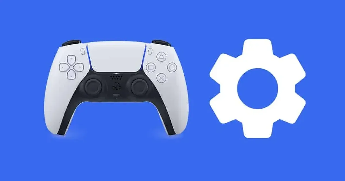 Mando DualSense de PS5 junto a icono de ajustes sobre fondo azul