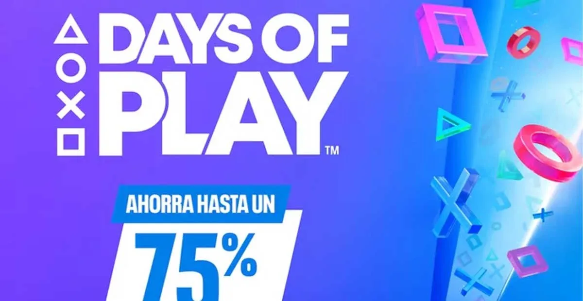 Days of Play PlayStation: ahorra hasta un 75% en juegos. Fondo morado con iconos del mando PS5.