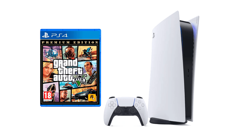 Juego de PS4 de Grand Theft Auto V junto a una PS5 con su mando DualSense, para jugar juegos de PS4 en PS5