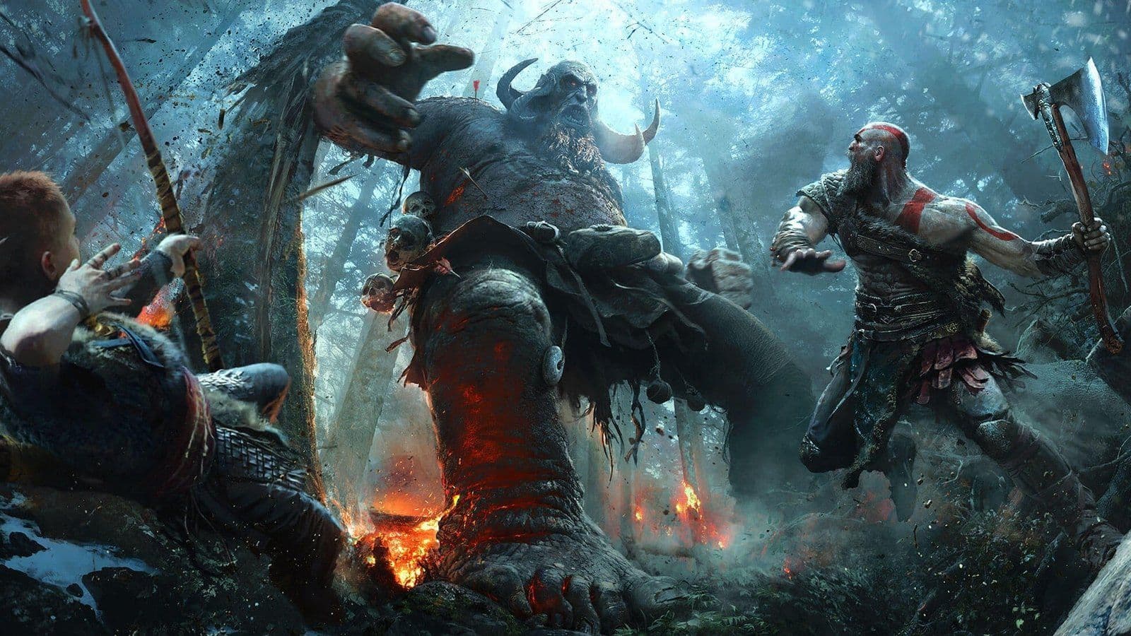 Kratos y Atreus combaten a un troll gigante en el bosque nórdico en God of War para PS4.